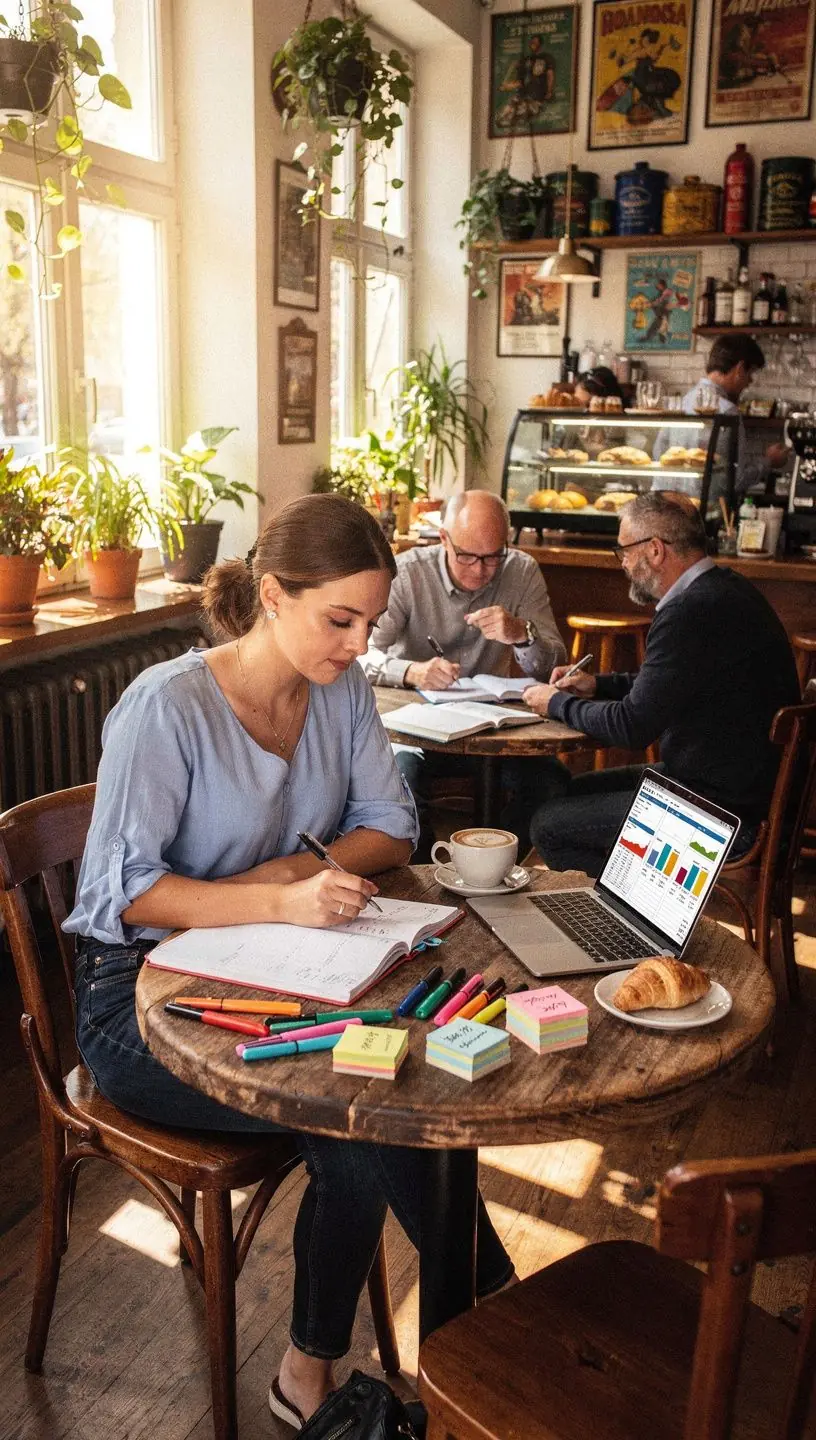 Személyes pénzügyi tervezőjegyzetek és naptárak rendezett asztalon, amelyeket oktatási műhelyeken használnak.